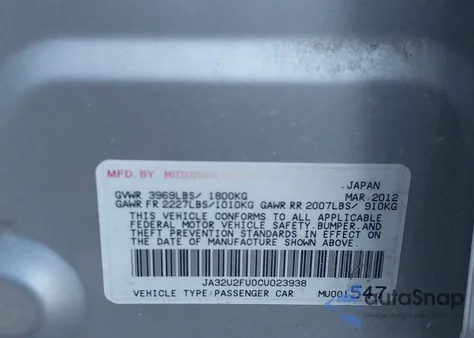 2012 Mitsubishi Lancer Es из США, поврежденный, VIN JA32U2FU0CU023938